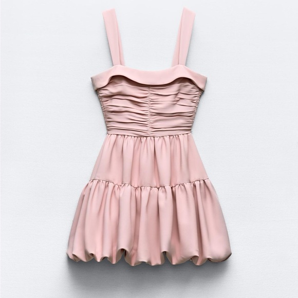 Zara NWT draped balloon bubble hem pink mini dress with ruched detail - Picture 14 of 15